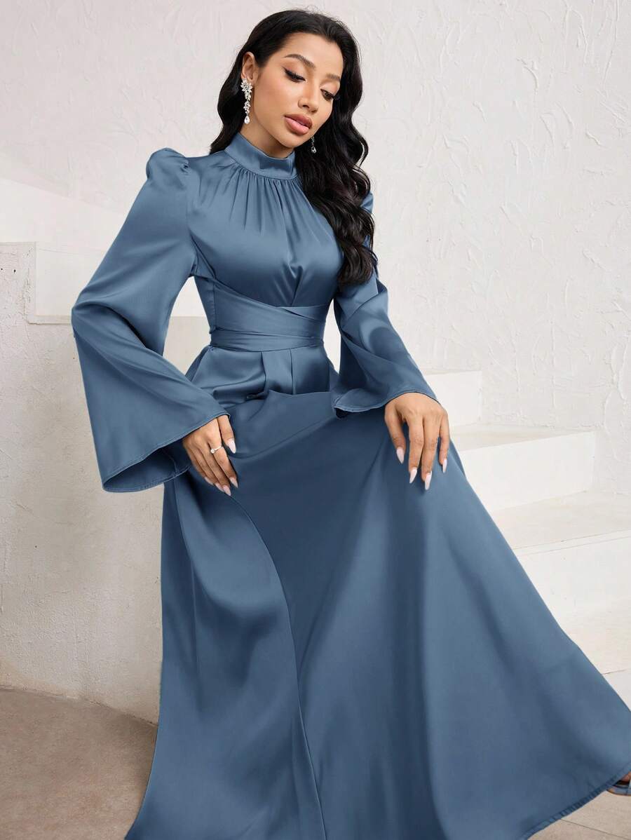 Veilorie Đầm Ả Rập thanh lịch cổ đứng tay phồng màu trơn cho nữ - Màu xanh lam - Xem 1