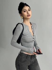 DAZY 女式半拉链长袖紧身T恤，秋季女装 - 灰色 - 查看 7