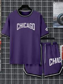 Manfinity Homme Conjunto casual de hombre de camiseta de manga corta con estampado de letras y shorts con cordón en la cintura, conjunto de 2 piezas - Morado - Ver 4