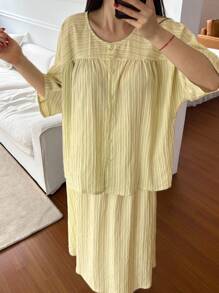 DAZY Ensemble pyjama femme avec chemisier à rayures et mini-jupe - Jaune citron - Voir 5