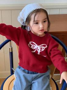 DAZY 女婴休闲圆领撞色长袖毛衣，秋冬季幼儿女童服装 - 紅色 - 查看 3
