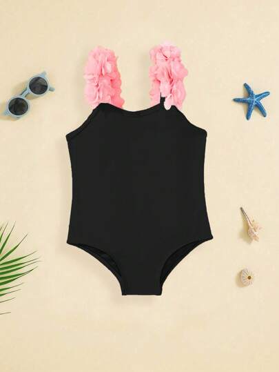 SHEIN Baby Girl Elastic Knit Colorblock Strap One-Piece Swimsuit