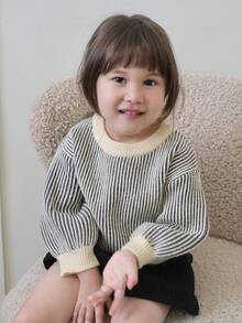 DAZY 女童条纹长袖韩版毛衣，秋冬 - 杏色 - 查看 4