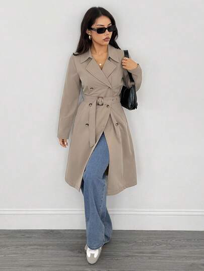 SHEIN PETITE Khaki Retro Long-Sleeved Waist Women's Trench Coat,Winter Women,Winter Women Coat,New Year Eve,Women Jackets, Women,Long Women Jackets,Winter Women Jacket,Elegant Jackets,Business Women Trench Coat Women Women Trench Coats Long Trench Coat Double Breasted Trench Coat Belted Trench Coat Women Trench Coat Long Coat Long Jacket Women Women Outerwear