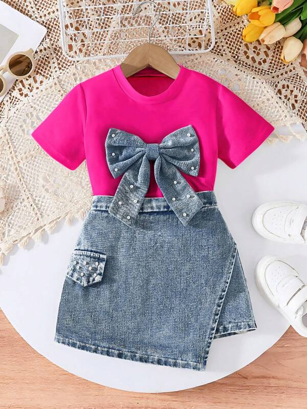 Girls Casual Fashion Daily Round Neck Short Sleeve 3D Bow Pearl Decor T-Shirt And Elastic Waist A-Line Denim Skirt Set