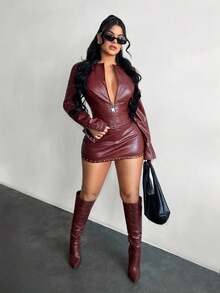 SHEIN SXY 酒红色街头风长袖皮夹克 - 酒紅色 - 查看 4