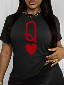 INAWLY Áo thun cổ tròn rộng rãi thoải mái dành cho nữ có in chữ Poker Q, áo thun họa tiết mùa xuân hè dành cho nữ - màu đen - Xem 1