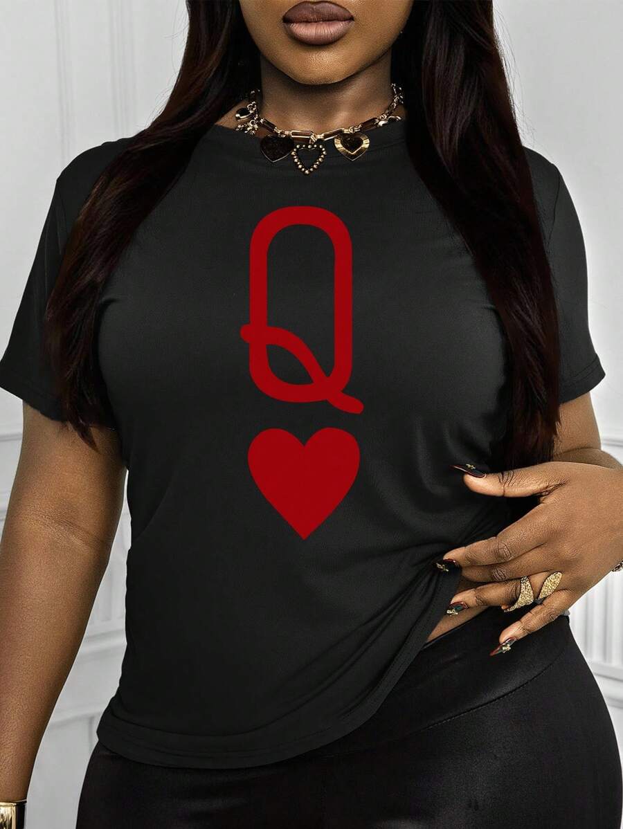 INAWLY Áo thun cổ tròn rộng rãi thoải mái dành cho nữ có in chữ Poker Q, áo thun họa tiết mùa xuân hè dành cho nữ - màu đen - Xem 1