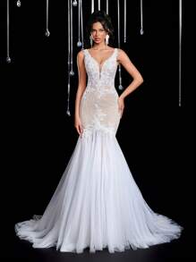 Glamrae Váy maxi đuôi cá hở lưng gợi cảm thêu ren sequin sang trọng thanh lịch có đuôi váy, thích hợp cho đám cưới, tiệc tùng, tuần trăng mật - Màu be - Xem 7