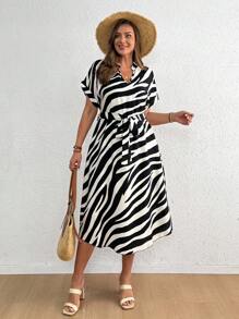 SHEIN CURVE+ 大码女式休闲日常斑马纹连衣裙 - 彩色 - 查看 5
