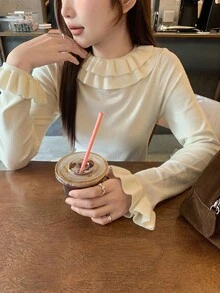 DAZY 女式圆领、彼得潘领、半高领、修身、长袖可爱毛衣秋季 - 白色 - 查看 2