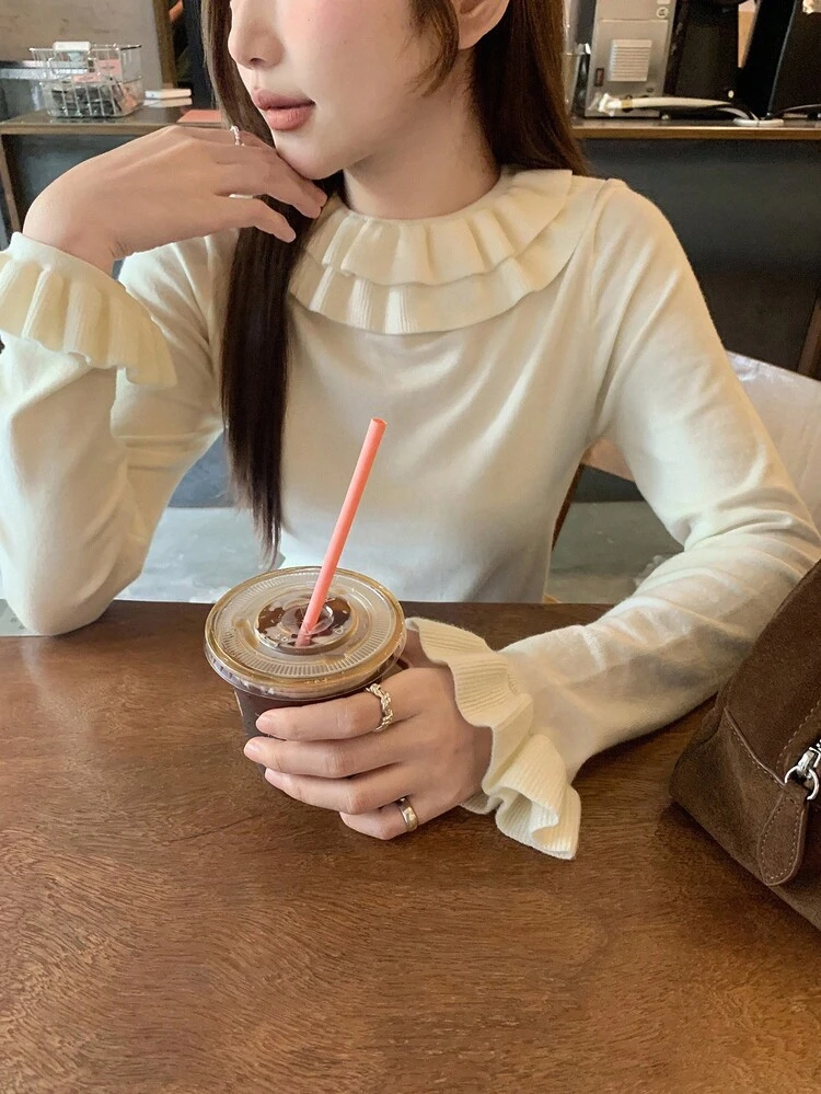 Women's Crew Neck, Peter Pan Collar, Semi-Turtleneck, Fitted, Long Sleeve Cute Sweater Fall