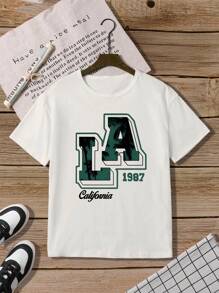 SHEIN Explorewe Tween Boy Summer Letter Printed Round Neck Short Sleeve Casual T-Shirt