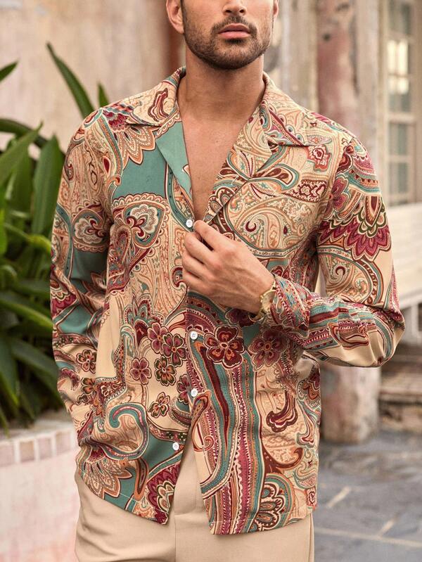 HIMLAND Men's Casual Woven Digital Print Cuban Collar Long Sleeve Shirt, Suitable For Daily Wear