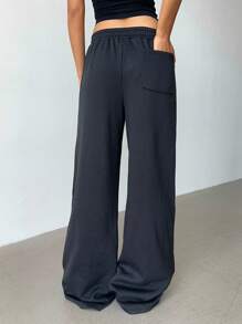 SHEIN BASICS 女士休闲纯色针织宽松阔腿运动裤 - 黑色 - 查看 2