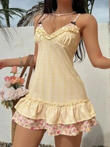 Sunnyshic 女式夏季休闲度假格子拼布碎花双层荷叶边吊带迷你连衣裙 - 黃色 - 查看 1