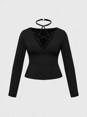 Goth Gothic Style Women's Sexy Solid Color Tight Elastic Blouse T-Shirt, Plus Size, Autumn/Winter