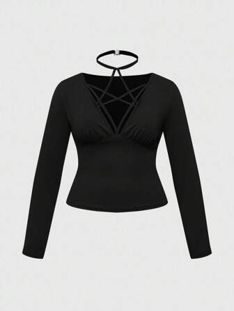 Gothic Style Women's Sexy Solid Color Tight Elastic Blouse T-Shirt, Plus Size, Autumn/Winter, Halloween
