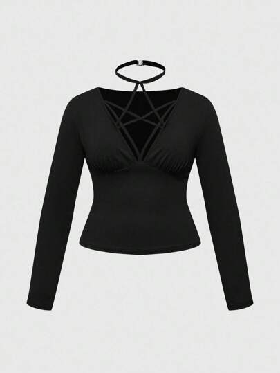 Goth Blusa aderente elastica di colore unito in stile gotico sexy per donna, taglie forti, autunno/inverno, Ognissanti