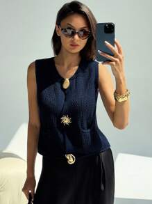 Aloruh New Arrival Autumn Round Neck Sleeveless Metal Button Decor Chunky Knit Cardigan Vest Top - Navy Blue - View 7