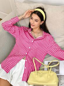 INAWLY 女士休闲条纹长袖衬衫，春秋 - 粉色 - 查看 6