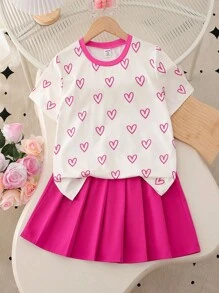 Tween Girls Fashion Set:Cute White Heart Print Short Sleeve Top+Pleated Mini Skirt,Summer Country Kids Clothes,Teen School Uniform Concert Outfits - Multicolor - View 7
