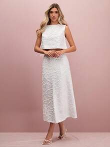 Enchnt Ensemble camisole et jupe texturée de couleur unie élégant pour l'été - Blanc - Voir 4