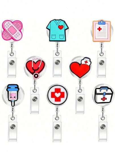 SHEIN 8pcs Cute Cartoon Nursing Badge Reel With Retractable Cord, Ideal For Doctor Nurse Hospital Staff Gift