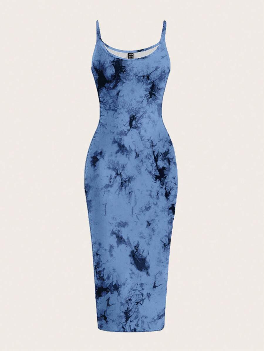 SHEIN EZwear 休闲全宽扎染图案紧身吊带背心连衣裙,适合夏季 - 彩色 - 查看 1