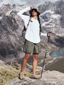 Pantalones cortos de mezclilla casuales y sueltos con cintura con cordón y bolsillo con cremallera para mujer - Verde militar - Ver 7