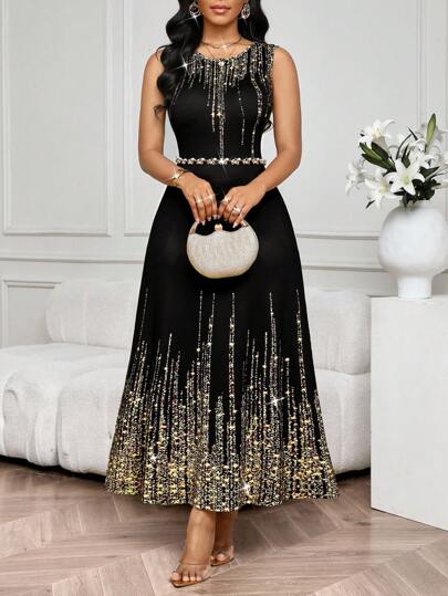 SHEIN Lady Women's Elegant Glitter Print Sleeveless Dress, Summer