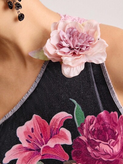 ROMWE Avant Nouveau Top de réservoir asymétrique pour femmes avec imprimé floral style chinois, en velours bicolore avec dentelle contrastée et décoration de fleurs 3D