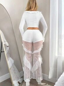 Sweetina White Contrast Lace Ruffle Hem Flare Pants