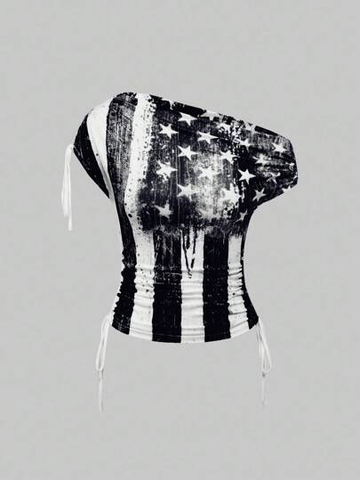 ROMWE Avant T-shirt vintage à épaules obliques, ajusté et froncé avec motif du drapeau américain