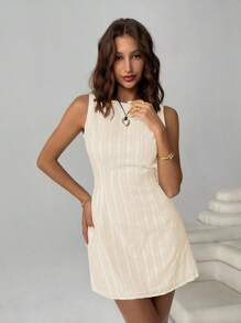 SHEIN EZwear 女士休闲条纹系带露背迷你连衣裙，度假风格 - 杏色 - 查看 6