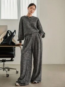 DAZY 2pcs Women Floral Print Loose Casual Business Sweatshirt Top And Straight Leg Pants Set, Autumn/Winter Lounge Sets For Women - Grey - View 7