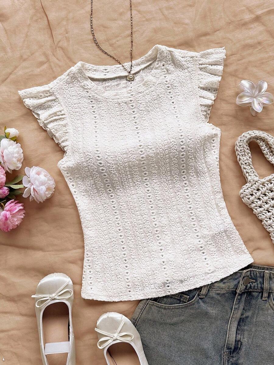 Soleia WYWH Vacation Ruffle Trim Ribbed White Knit Tee White Eyelet Top - Beige - View 1