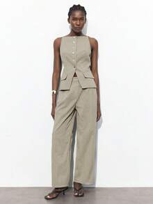 SHEIN Maija 2025 Autumn/Winter Striped Off-Shoulder Neck Front Button Up Blouse, Elegant Modern Casual For Commute, Party, Beach, Office Wear - Khaki - View 5