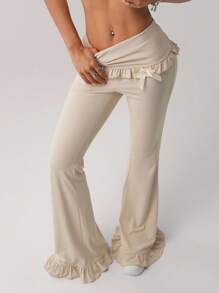 SHEIN ICON Women's Western Khaki Boho Casual Low Waist Pants With Bow Decor Flared Women Jeans