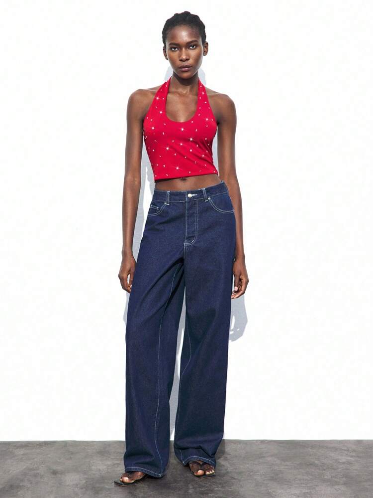 SHEIN Maija Top con cuello de halter con rhinestones, uso casual urbano de negocios, minimalista y de moda, adecuado para festivales de música, Halloween, Navidad, fiestas, vacaciones de estilo bohemio, tops rojos