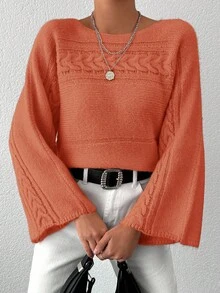 EURMUSE Ladies' Solid Color Bell Sleeve Sweater - Dusty Pink - View 4