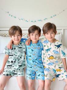 SHEIN Playful Pals Set de 6 piezas de pijama para niño: Camiseta ajustada con estampado de dibujos animados de espacios y animales marinos & Conjunto de pantalones cortos para niños pequeños - Multicolor - Ver 8