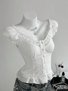 Elamini Casual Fashionable Versatile Lace Trim Fitted Women Shirt - White - View 6