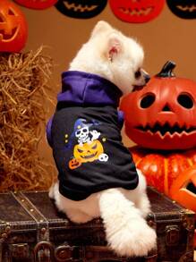 PETSIN 1pc Pet Cartoon Pumpkin & Skull Halloween Print Colorblock Sleeveless Hooded Dog Sweatshirt - Multicolor - View 1