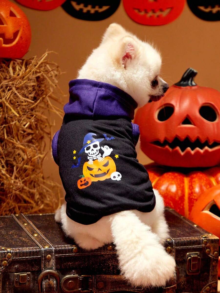 PETSIN 1pc Pet Cartoon Pumpkin & Skull Halloween Print Colorblock Sleeveless Hooded Dog Sweatshirt - Multicolor - View 1