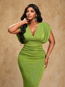 Brilight 女士优雅性感派对蝙蝠袖褶皱 V 领紧身长裙