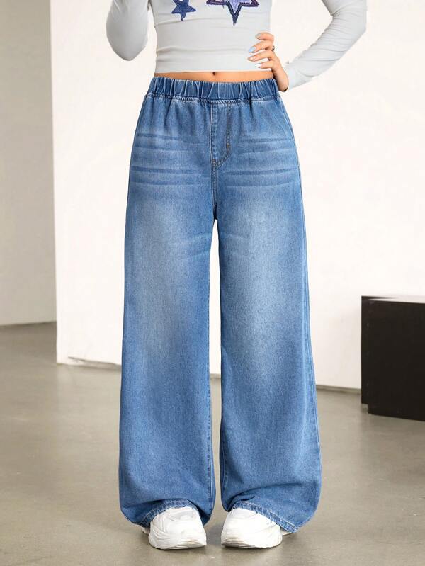 SHEIN Girl/Teen Girls' Full Elastic Waist Blue Denim Jeans