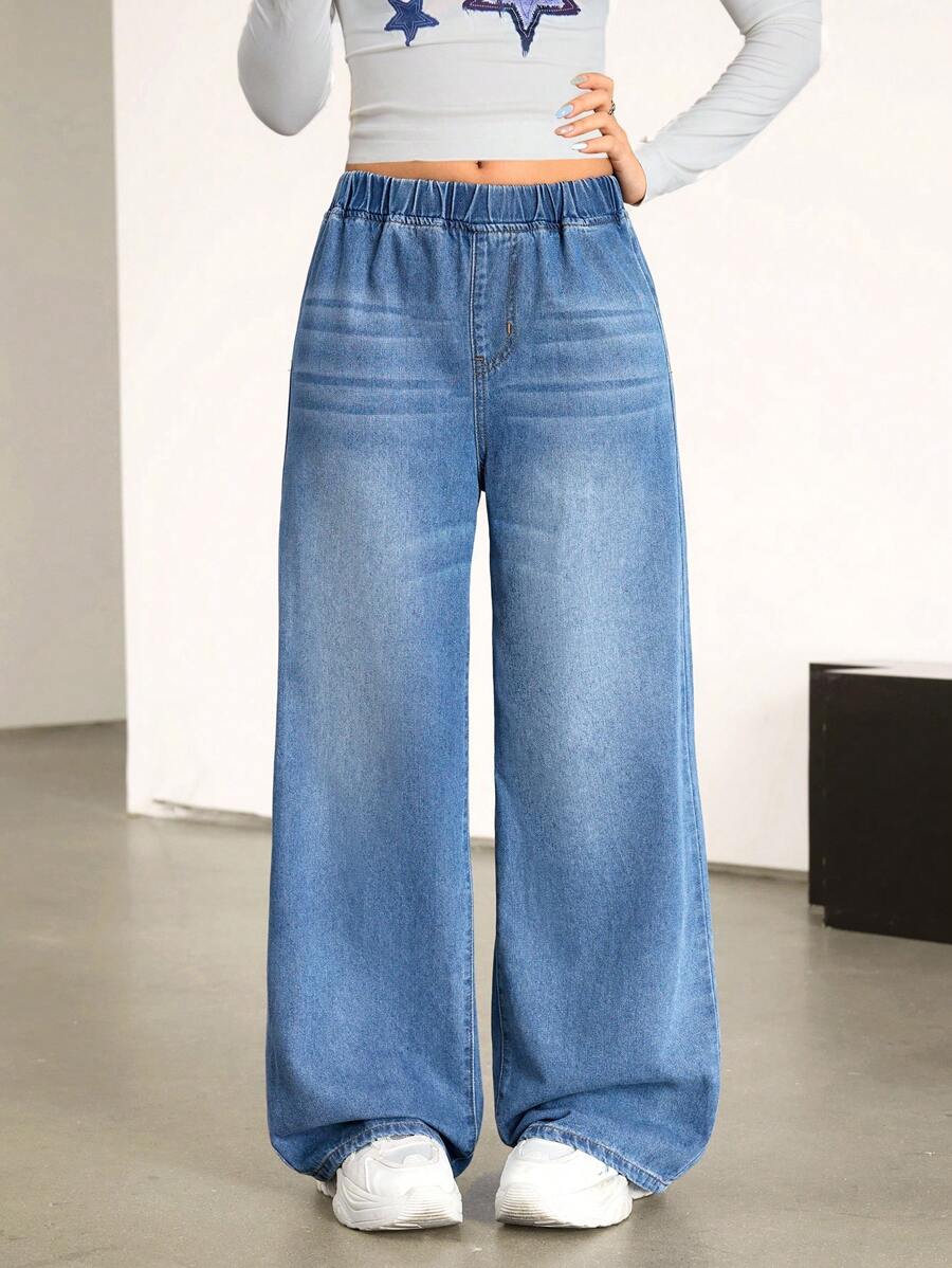 SHEIN Girl/Teen Girls' Full Elastic Waist Blue Denim Jeans