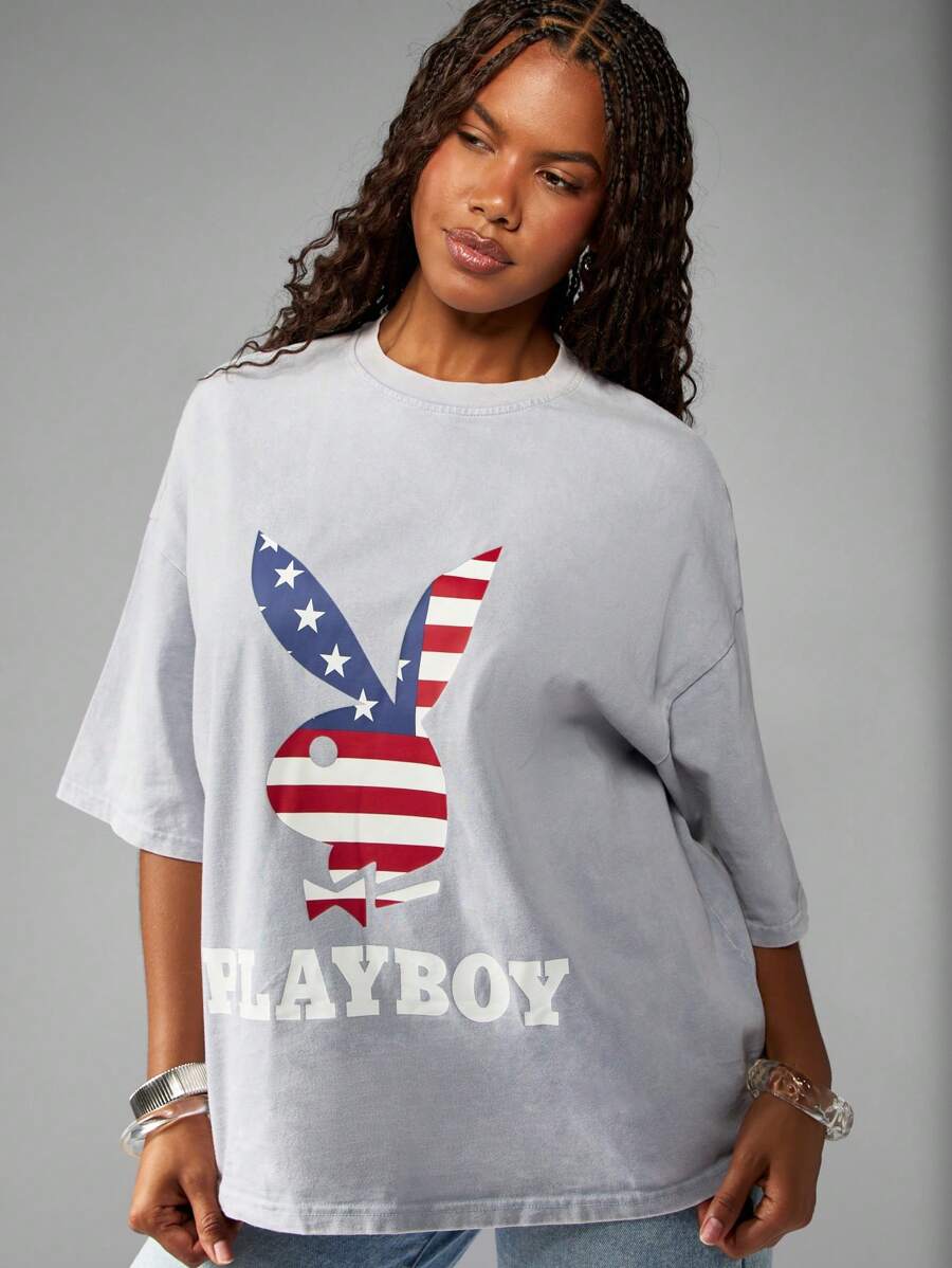 Missguided x Playboy 超大号个性T恤，带有美国国旗兔子图案，爱国图案，七月四日节夏季街头服饰 - 淺藍色 - 查看 1