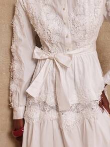 SHEIN Privé 女士撞色蕾丝领长裙 - 白色 - 查看 11